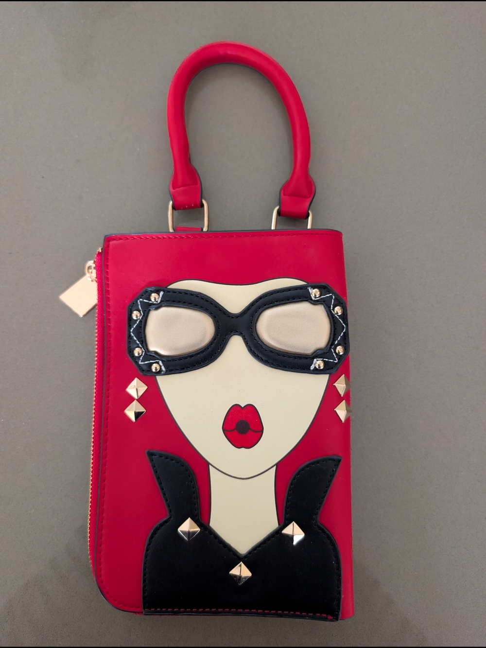 Faux Red Leather Wallet Purse With Woman's Face Applique
